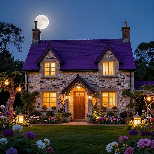 Photograph of a cozy, stone cottage at dusk with glowing windows, full moon, lush garden, and warm outdoor lights.