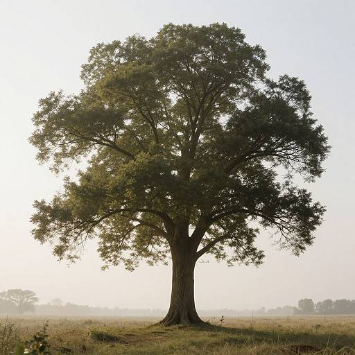 Photograph of a large, solitary oak tree with a thick trunk and dense green foliage, standing in a misty, grassy field.