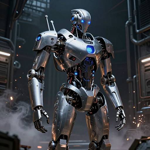 CGI image of a sleek, silver robotic soldier with blue glowing eyes and joints, standing in a dimly lit, industrial factory with mist and metallic