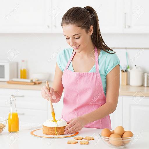Photograph of a smiling woman with brown hair in a pink apron, mixing orange juice in a pie crust on a kitchen counter with eggs and orange