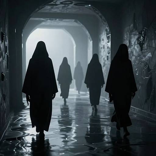 Silhouetted hooded figures walk through a dark, wet, arched tunnel illuminated by bright light at the end. Photograph.