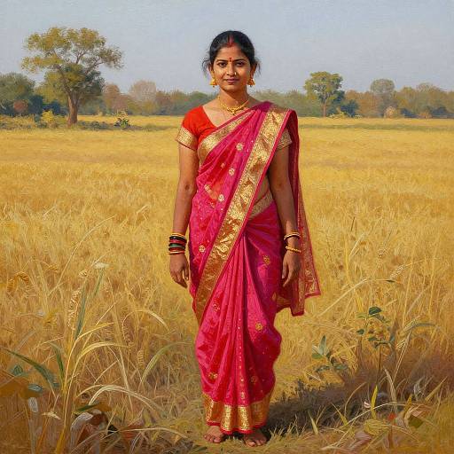 Photograph of a smiling Indian woman in a pink sari with gold trim, standing in a golden wheat field, wearing black bangles and a gold