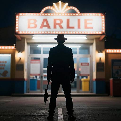 Mysterious Figure at Neon Carnival Entrance