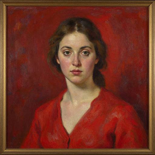 Oil painting portrait of a young woman with fair skin, brown hair, and red dress, set against a deep red background.