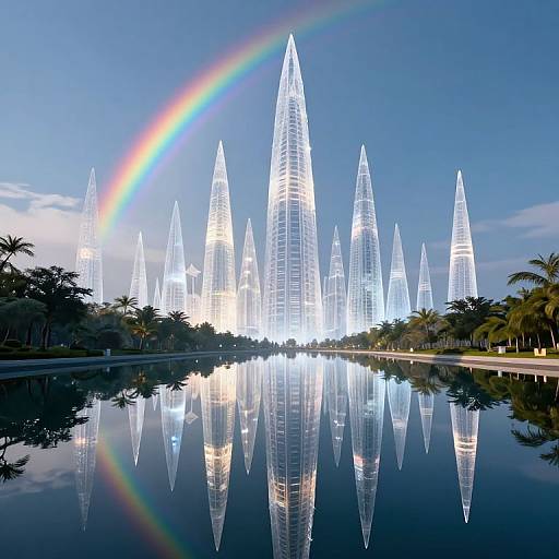 Photograph of futuristic, glowing skyscrapers with reflective water pool, palm trees, and vibrant rainbow against clear blue sky.