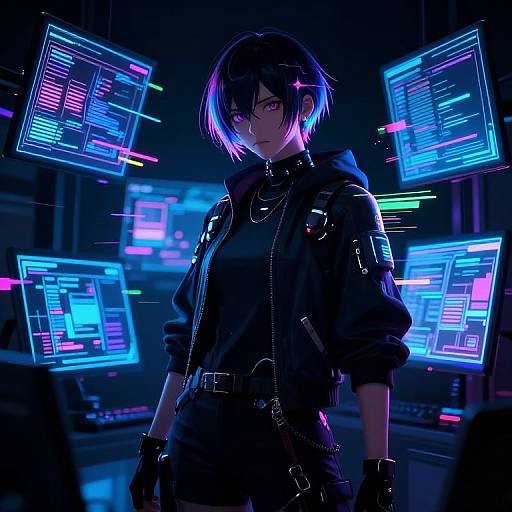 Digital anime artwork of a cyberpunk girl with short black hair, neon pink highlights, wearing a black jacket and gloves, surrounded by glowing, floating neon