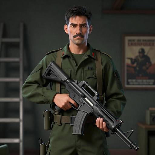 Stern Soldier in Dark Green Uniform