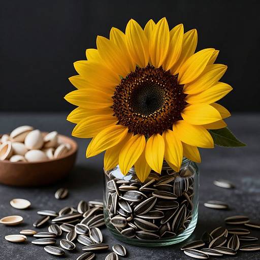 Photograph of vibrant yellow sunflower in a clear glass jar filled with sunflower seeds, set against a dark background with scattered seeds and a wooden bowl