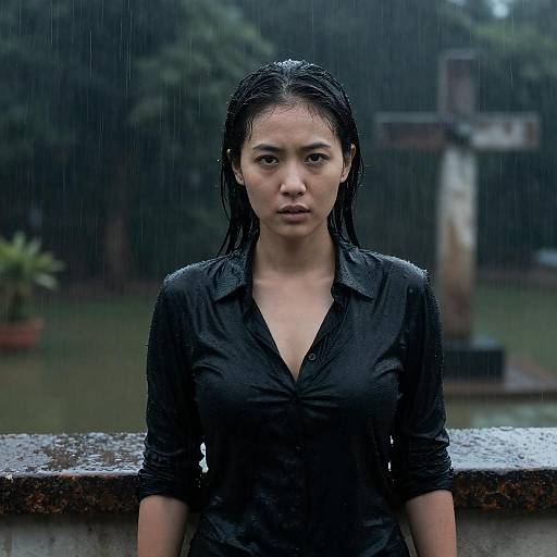 Intense Rain Portrait of Dark-Haired Woman