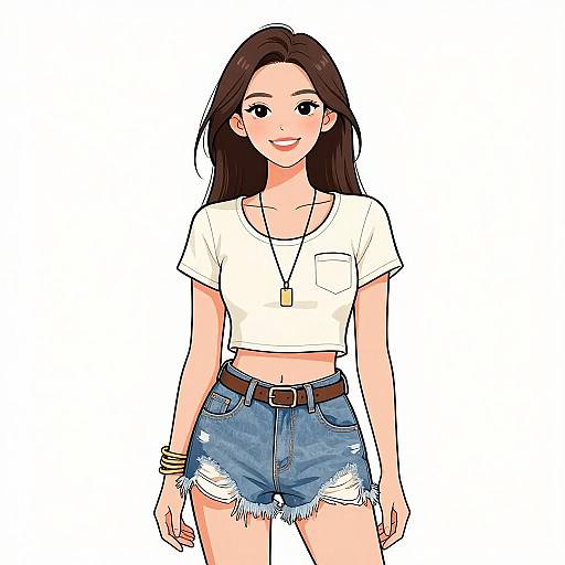 Digital anime-style drawing of a smiling young woman with long brown hair, wearing a white crop top, blue frayed denim shorts, and a dog tag