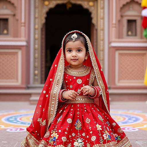 Photograph of a young Indian girl in a vibrant red traditional lehenga with gold embroidery and veil, standing in front of an ornate, pink-h
