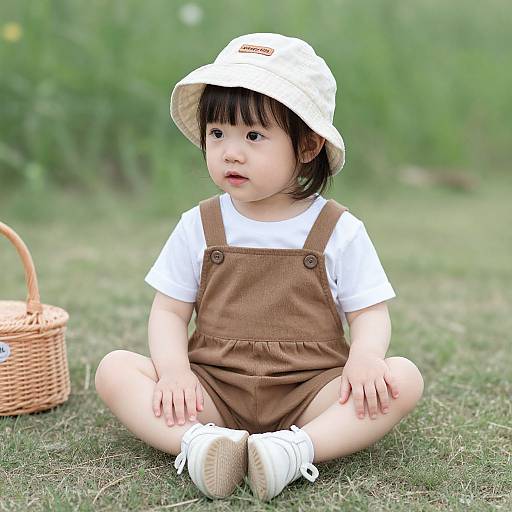 Photograph of an Asian toddler with black hair, wearing a white bucket hat, brown overalls, white shirt, and white shoes, sitting on grass