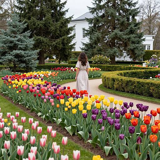 Woman Among Vibrant Tulip Garden