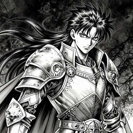 Monochromatic anime-style digital drawing of a stern, armored male warrior with long, flowing black hair and intricate metal armor. Dark, textured background enhances