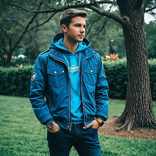 Young Man in Blue Jacket Outdoors