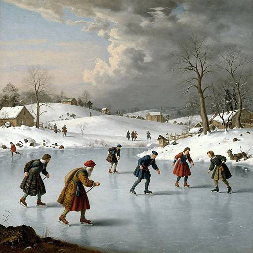 Winter scene painting: Nine people ice skating in snowy village, wearing 17th-century winter clothes, dark clouds loom, bare trees and houses in