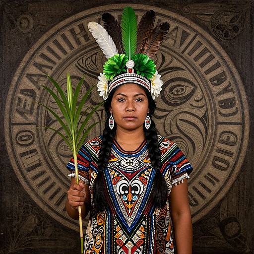 Photograph of a young Indigenous woman with dark skin, long braids, traditional feather headdress, colorful patterned dress, holding a feathered stick