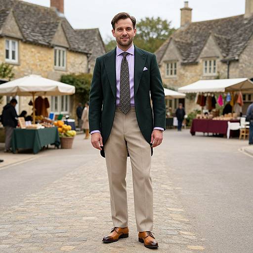 Photograph of a handsome man in a dark blazer, light beige trousers, brown shoes, and patterned tie, standing in a cobblestone