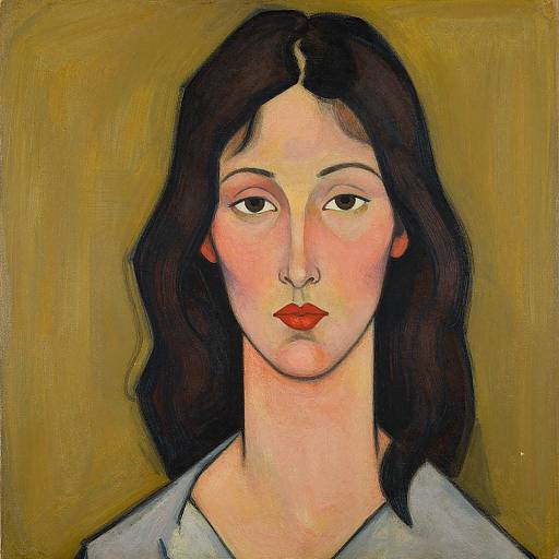 Expressionist oil painting of a woman with pale skin, black wavy hair, red lips, neutral expression, and a simple grey shirt, set against
