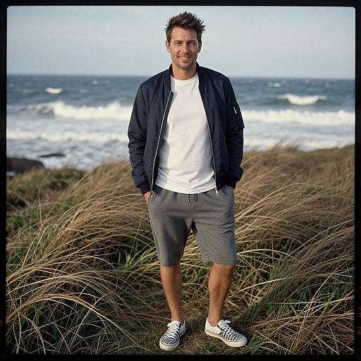 Man in Coastal Wind-Swept Field