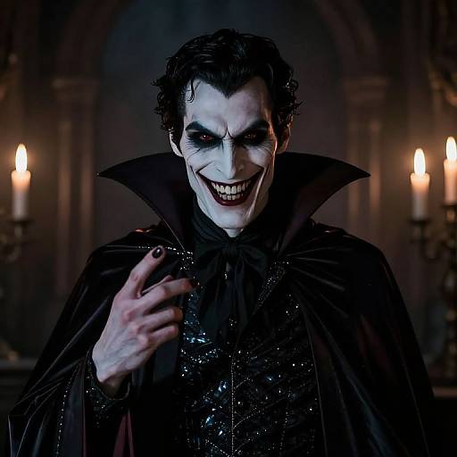 Photograph of a sinister Joker-like character with pale face, dark makeup, wide grin, black cloak, and raised hand in dimly lit, candle