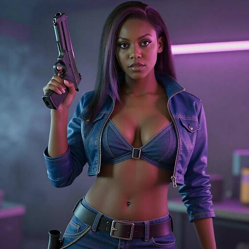 Photograph of an attractive, black woman with long hair, wearing a blue denim crop jacket and matching jeans, holding a gun, with purple neon lights