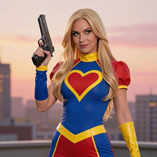 Blonde woman in blue and red superhero costume with yellow heart emblem, holding a black handgun, standing on rooftop at sunset. Photorealistic CGI.