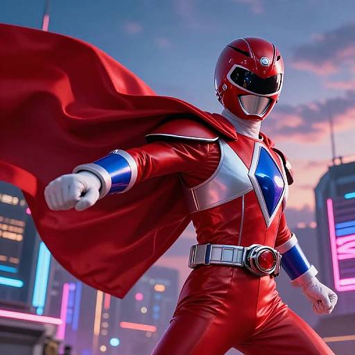 CGI image of a superhero in a red suit, helmet, and cape, standing confidently in a neon-lit cityscape at dusk.