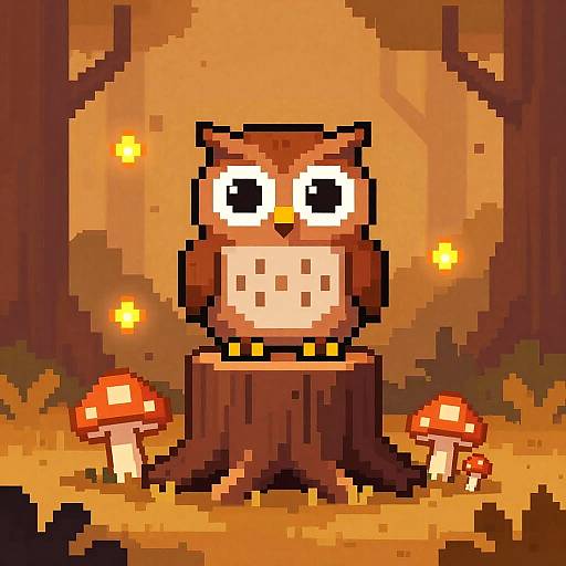 Pixel art of a pixelated owl standing on a tree stump in a forest with glowing mushrooms and orange fireflies.