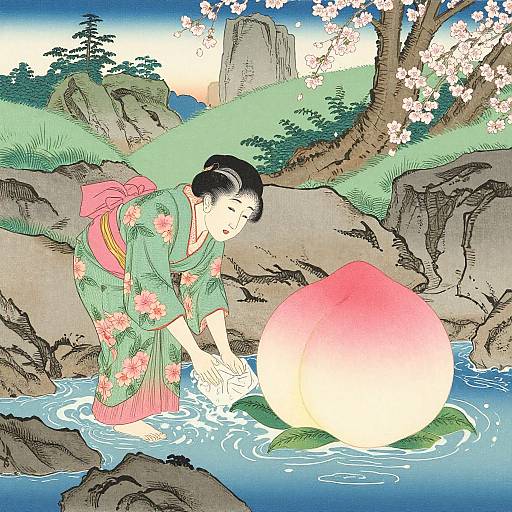 Traditional Japanese woodblock print of a woman in a green floral kimono washing a large pink peach by a rocky stream.