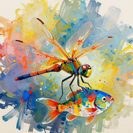 Colorful Abstract Dragonfly and Fish Illustration