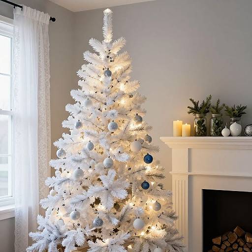 Photograph of a white, illuminated Christmas tree with blue ornaments, next to a white fireplace with candles and greenery.