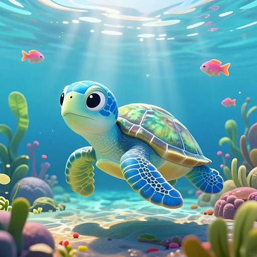 Colorful CGI illustration of a cute, cartoon-style sea turtle swimming underwater with sunlight beams, surrounded by vibrant coral, seaweed, and small red fish
