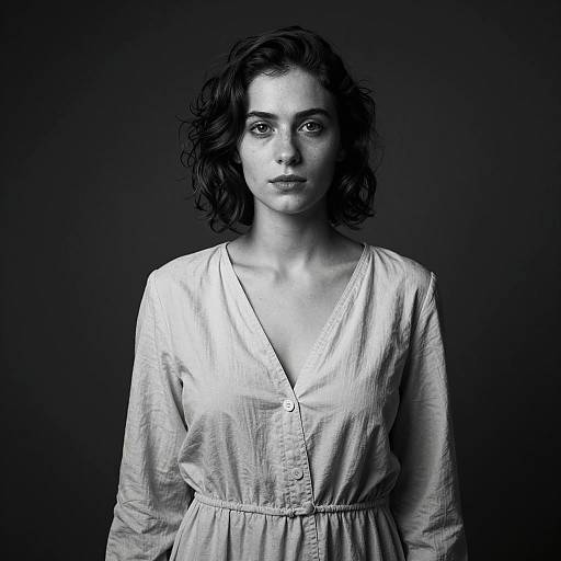 Black and White Portrait of Woman in Long-Sleeve Dress