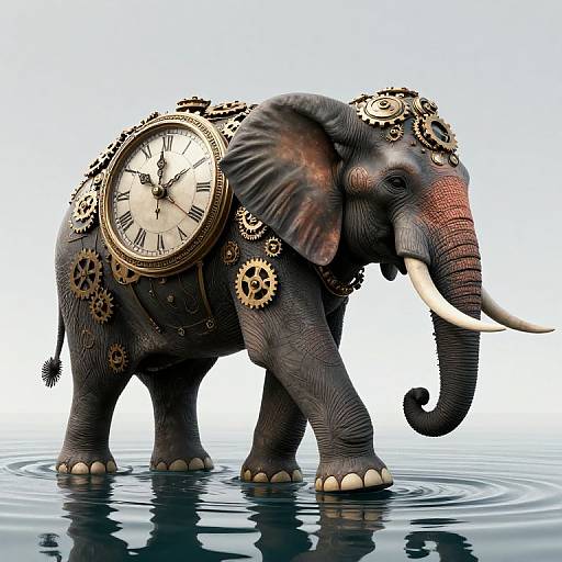 Digital illustration of a clockwork elephant with gears and a large clock on its back, standing in water with ripples.