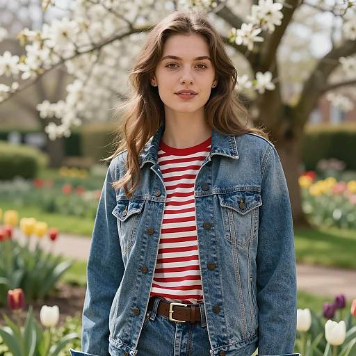 Young Woman in Denim Jacket in Flower Garden