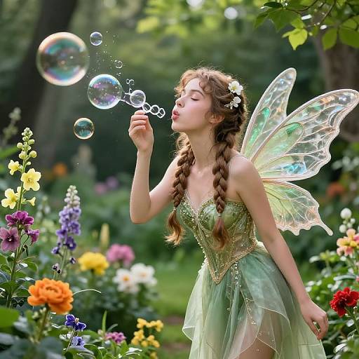Fairy Blowing Soap Bubbles in Garden