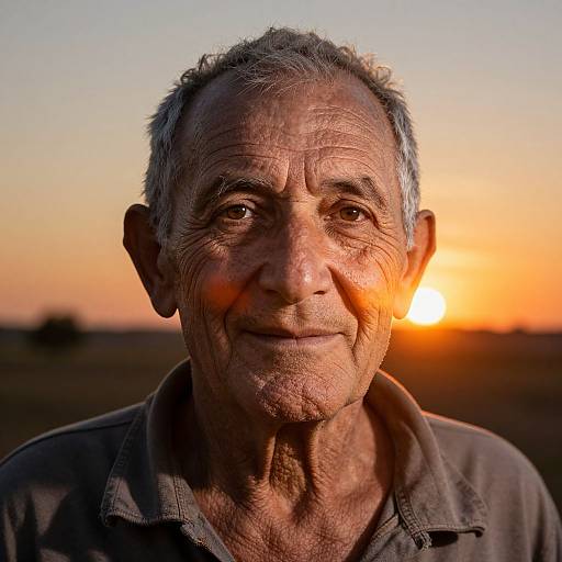 Photograph of an elderly man with gray hair and wrinkled skin, smiling at a vibrant sunset, wearing a dark collared shirt.