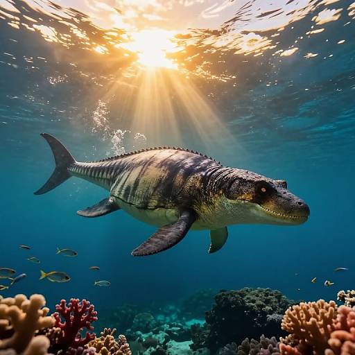 Photograph of a striped, sunlit shark swimming near a coral reef, surrounded by small fish, under clear blue ocean water.