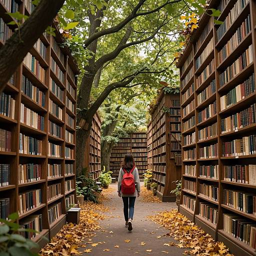 Photograph of a person with a red backpack walking down a narrow, tree-lined library aisle filled with bookshelves and autumn leaves.