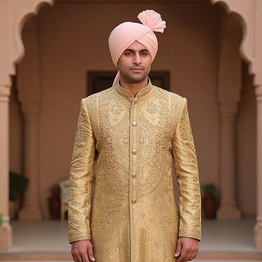 Man in Golden Sherwani and Pink Turban