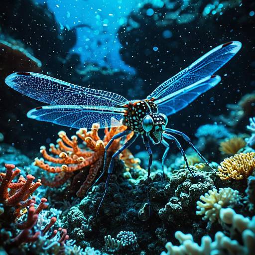 Crystalline Dragonfly-Octopus Hybrid in Bioluminescent Reef