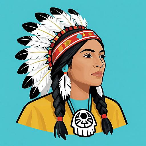 Digital illustration of a woman with tan skin, black braided hair, wearing a white and red feathered headband, yellow top, and skull necklace