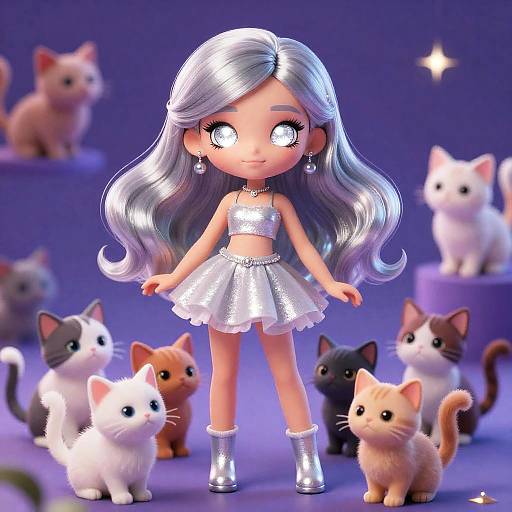 Silver Haired Fairy Girl with Kittens