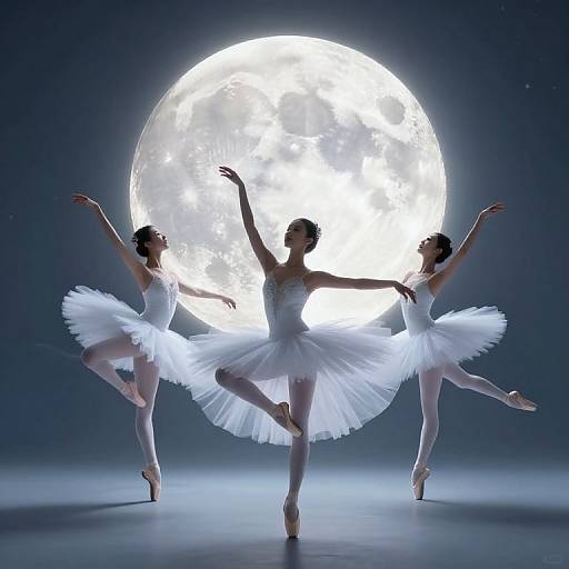 Photograph of three ballerinas in white tutus, pointe shoes, and illuminated by a glowing full moon, gracefully posing against a dark,