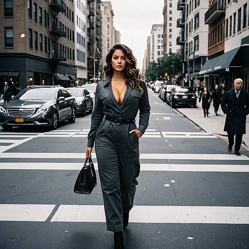 Confident woman walking across city crosswalk