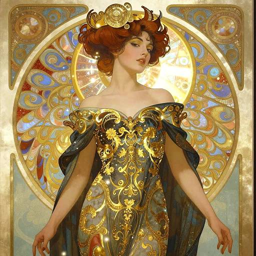 Digital art of a fair-skinned, red-haired woman in an ornate, gold-embellished, off-shoulder dress, standing before