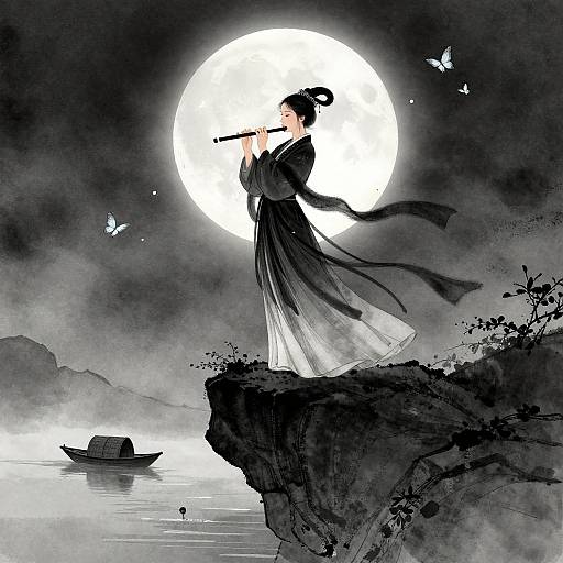 Monochrome digital painting of a Japanese woman in a flowing kimono playing a flute under a full moon, standing on a cliff, with a boat and