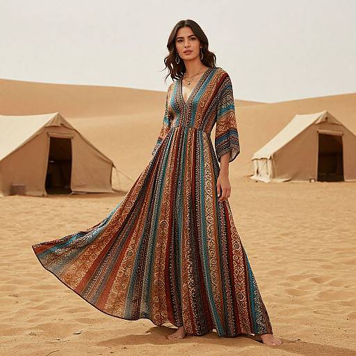 Photograph of a dark-haired woman in a colorful, patterned, long-sleeve, V-neck dress standing in a desert with three white tents