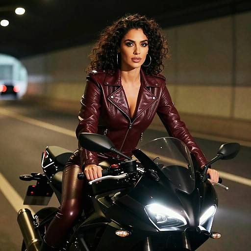 Photograph of a confident woman with curly brown hair, wearing a deep maroon leather jacket and pants, riding a black motorcycle at night on a dim